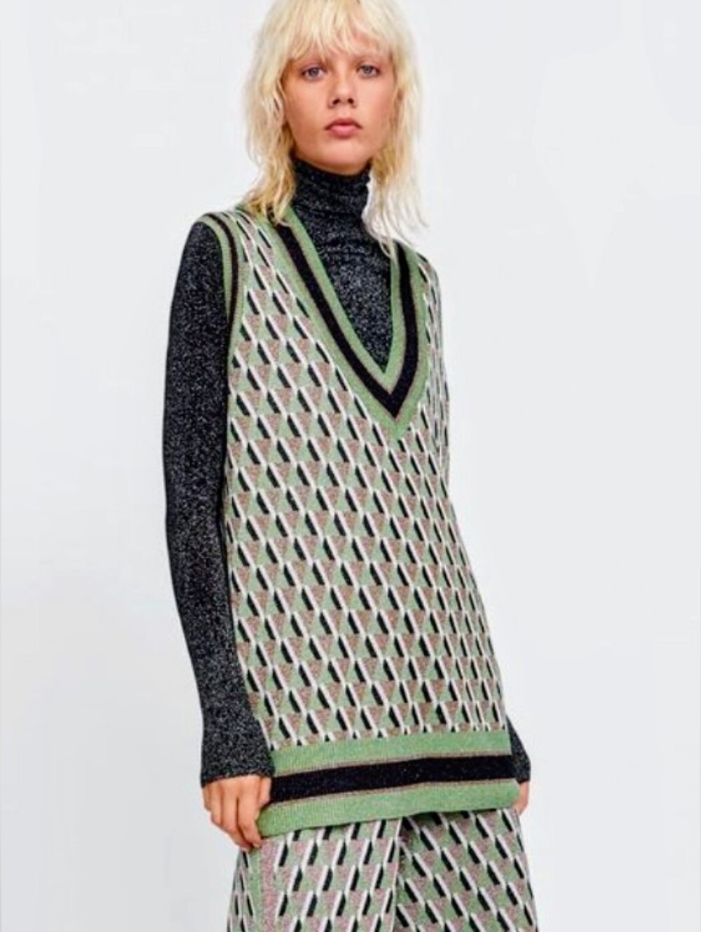 ZARA Green Patterned V-Neck Jacquard Knit Sweater Vest